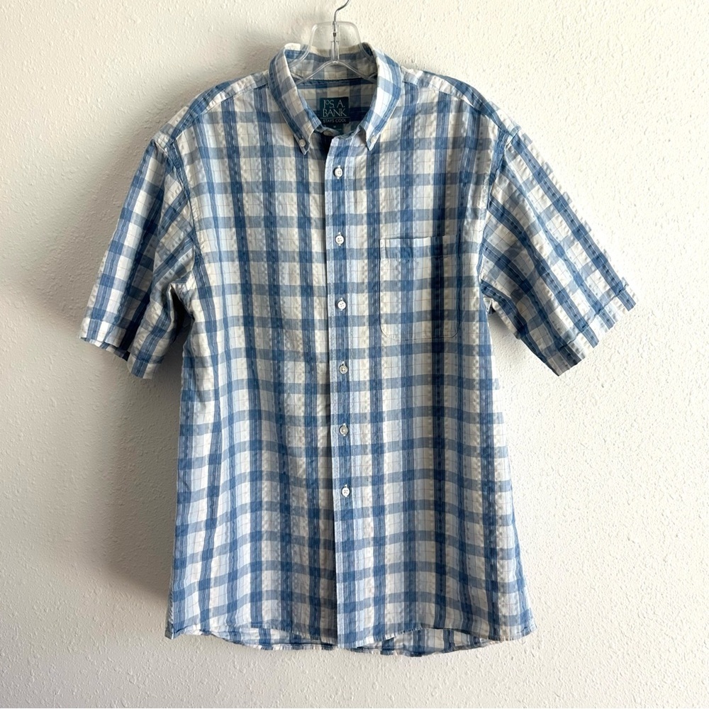 Jos. A. Bank Button Front Shirt Men's Size M Blue Plaid Stays Cool Casual